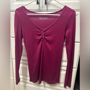 Like New! Burgundy Long Sleeve Top with Rouched Button Detail, Size S